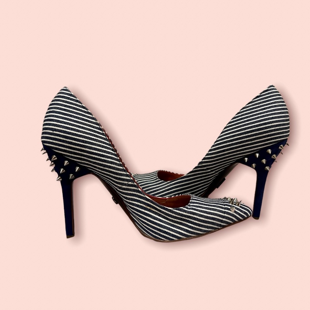 Rachel Roy Navy/white striped heels with spikes on heels and toes